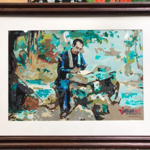 Tranh ghép lụa Bác Hồ bên bàn đá