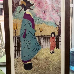 Tranh Mẹ con trong lễ hội hoa Anh đào ghép lụa (Tranh cổ Nhật Bản)